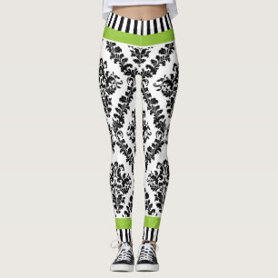 Green and black white damask pattern & stripes leggings