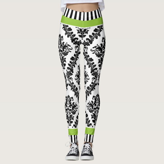 Green and black white damask pattern & stripes leggings (Front)