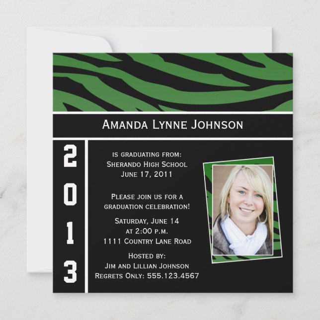 Green and Black Zebra Print Graduation Invitation (Front)