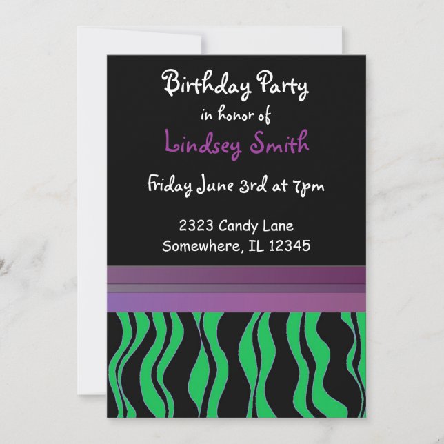 Green and Black Zebra Stripe Birthday Invitation (Front)