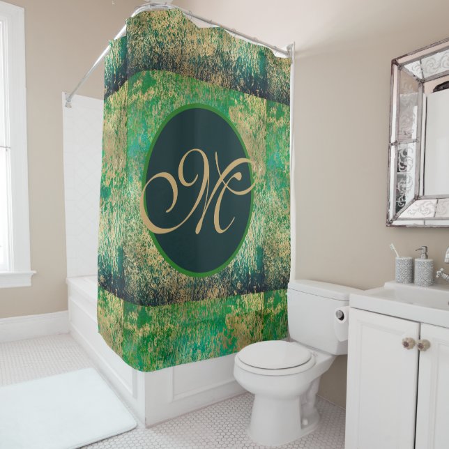 Green and Blue Abstract Monogram Shower Curtain (In Situ)