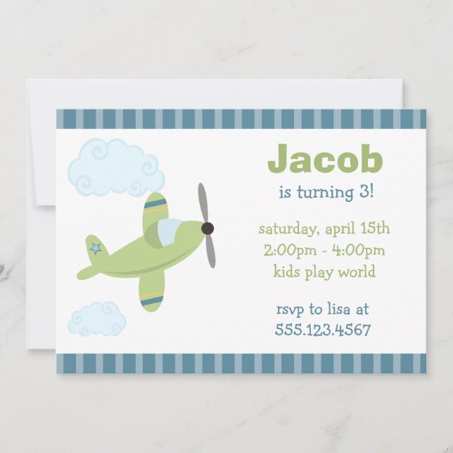 Green and Blue Aeroplane Birthday Party Invitation (Front)