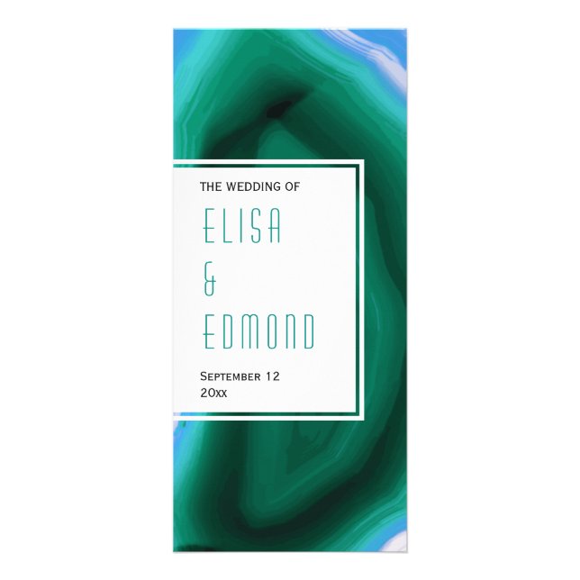 Green and blue agate slice modern wedding program rack card (Front)