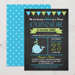 Green and Blue Baby Whale Birthday Party Invite
