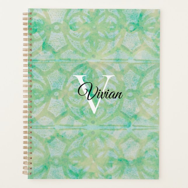  Green And Blue Batik Elegant Monogram Name Planner (Front)