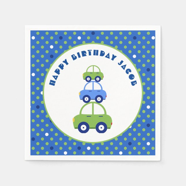 Green and Blue Car Kids Birthday Napkin (Front)