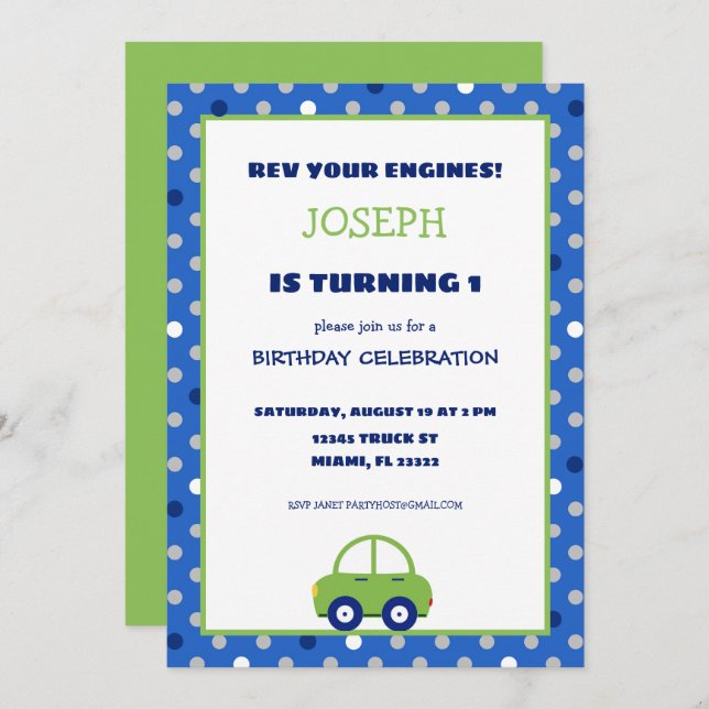 Green and Blue Car Kids Birthday Party Invitation (Front/Back)
