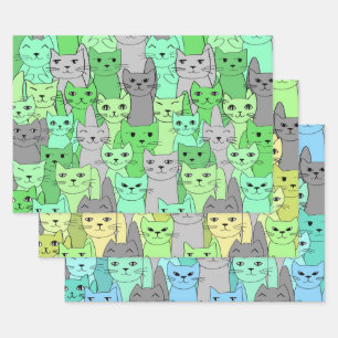 Green and Blue Cats Design Wrapping Paper Sets