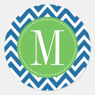 Green and Blue Chevron Custom Monogram Classic Round Sticker