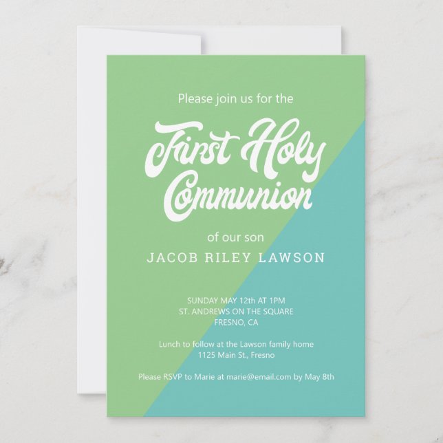 Green and Blue Colour Block First Holy Communion Invitation (Front)