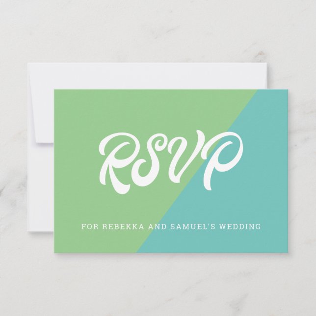 Green and Blue Colour Block Retro Wedding RSVP Card (Front)