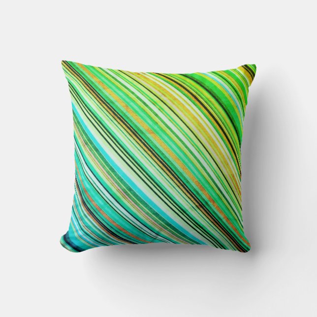 Green and Blue Diagonal Striped Throw Pillow (Front)