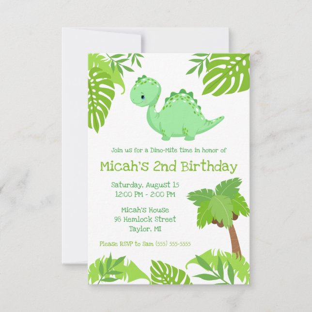 Green and Blue Dino-Mite Time Birthday Party  Invitation (Front)