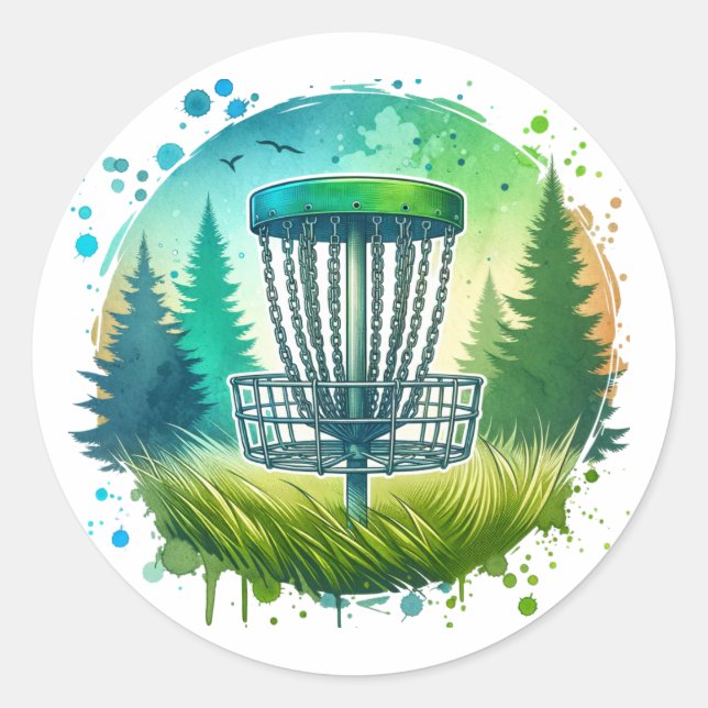 Green and Blue Disc Golf Themed Classic Round Sticker (Front)