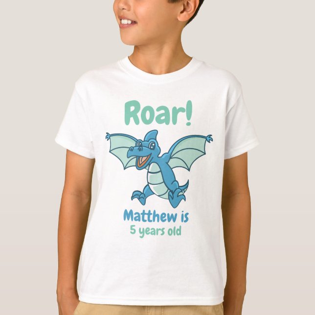 Green and Blue Dragon Dinosaur Roar Boy's Birthday T-Shirt (Front)