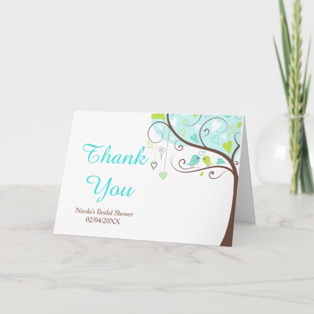 Green and Blue Floral Bird Bridal Shower Thank You Card (Front)
