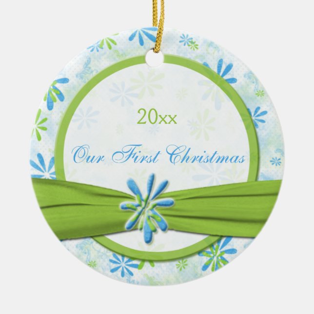 Green and Blue Floral First Christmas Ornament (Front)