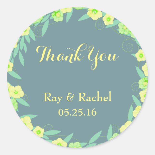 Green and blue floral Thank You Classic Round Sticker (Front)