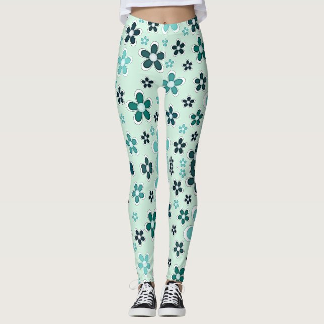 Green and blue flower on light green background leggings (Front)