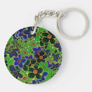 green and blue flowers with gold trim key ring