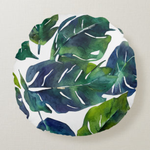 Green and Blue Foliage Philodendron Botanical   Round Cushion
