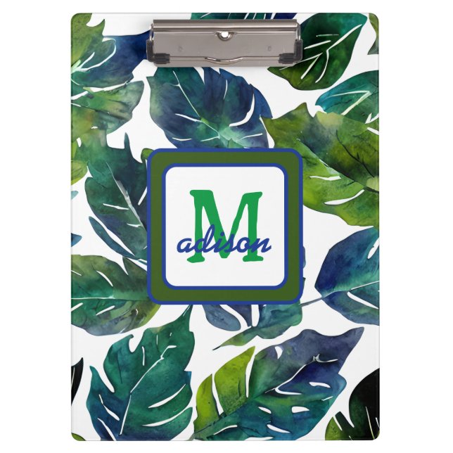 Green and Blue Foliage Philodendron Monogrammed Clipboard (Front)