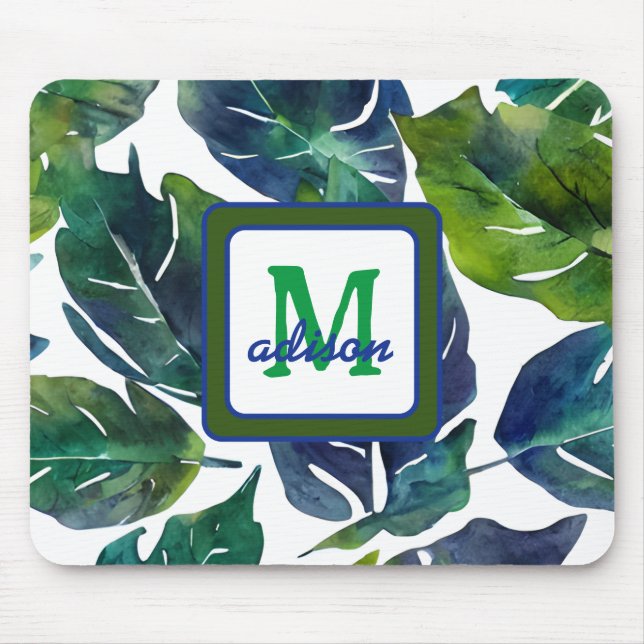 Green and Blue Foliage Philodendron Monogrammed Mouse Mat (Front)
