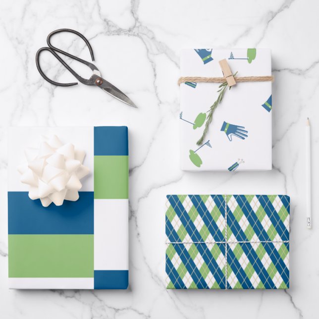 Green and Blue Golf Theme Wrapping Paper Sheet (Front)