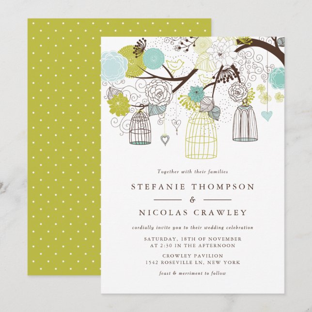 Green and Blue Hanging Birdcages Wedding Invitation (Front/Back)