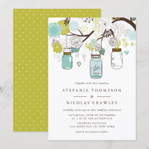 Green and Blue Hanging Mason Jars Wedding Invitation
