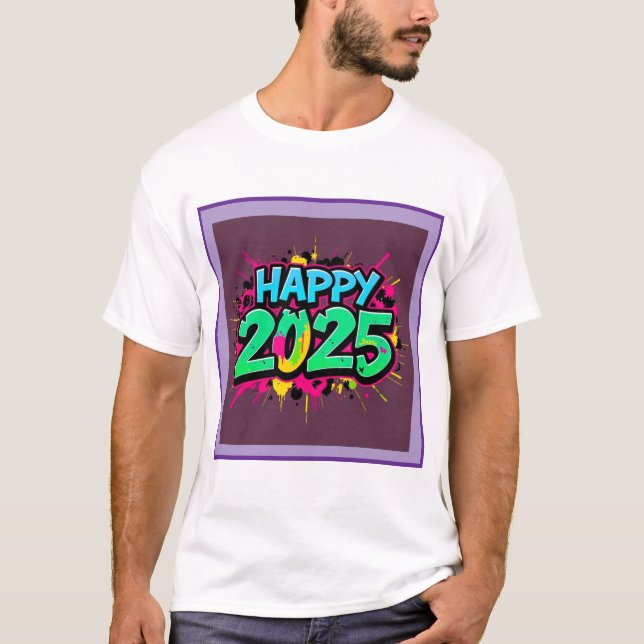 Green and Blue Happy New Year 2025  T-Shirt (Front)