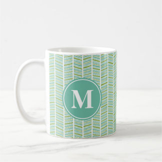 Green and Blue Herringbone Pattern with Monogram Coffee Mug