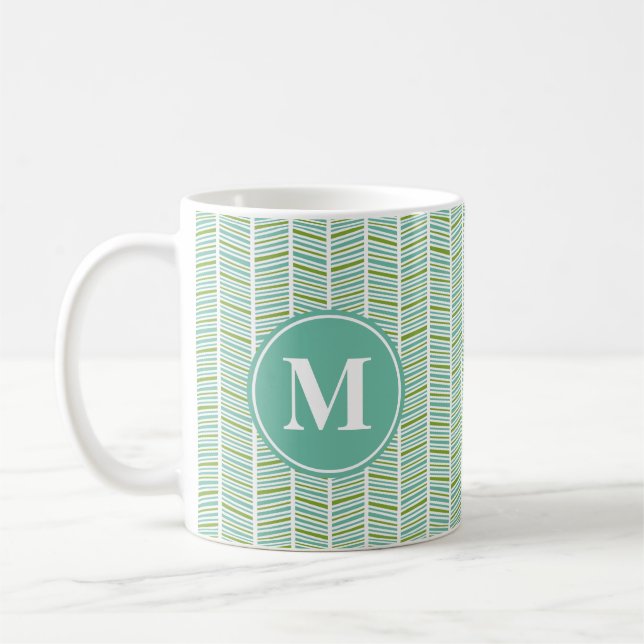 Green and Blue Herringbone Pattern with Monogram Coffee Mug (Left)