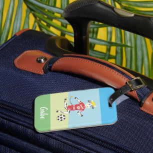 Green and blue hues   cartoon soccer cow   kid luggage tag
