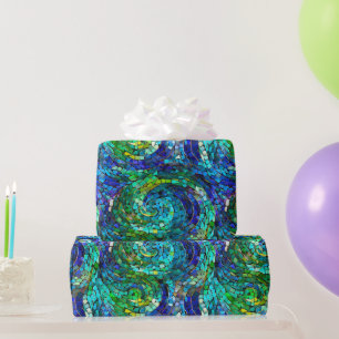 Green and Blue Jewel Tone Mosaic Glass Pattern Wrapping Paper