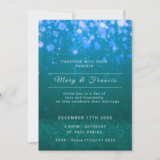 Green and Blue Lights and Glitter Wedding  Invitation (Front)