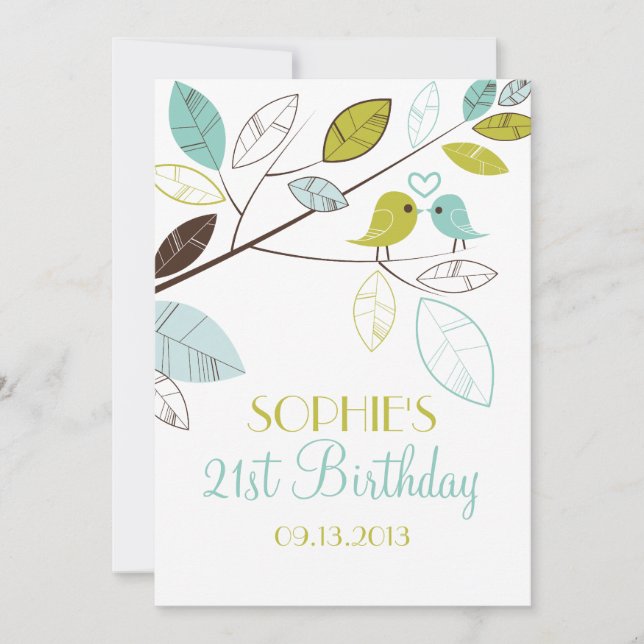 Green and Blue Lovebirds Birthday Invitations (Front)