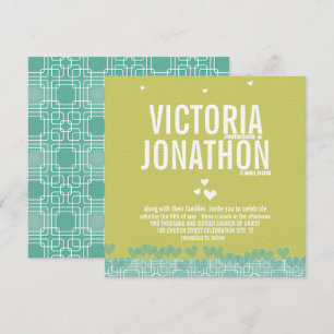 Green and Blue Modern Hearts Typography Wedding Invitation