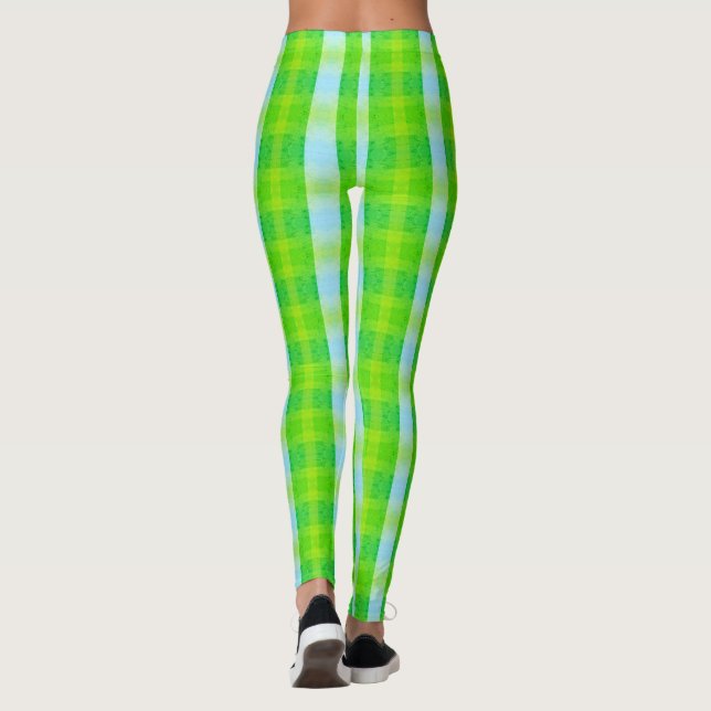 Green And Blue Modern Plaid Leggings (Back)