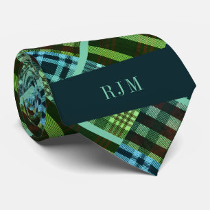 Green and Blue Monogrammed Diagonal Plaid Tie