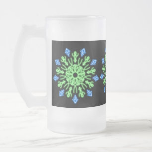 Green and blue neon flower frosted glass beer mug