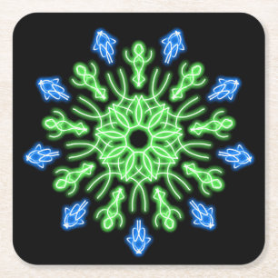 Green and blue neon flower square paper coaster