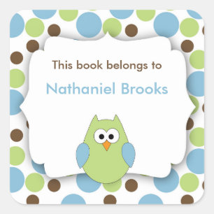 Green and Blue Owl bookplates for children Square Sticker