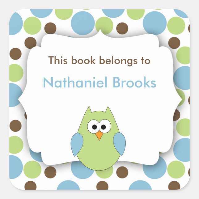 Green and Blue Owl bookplates for children Square Sticker (Front)
