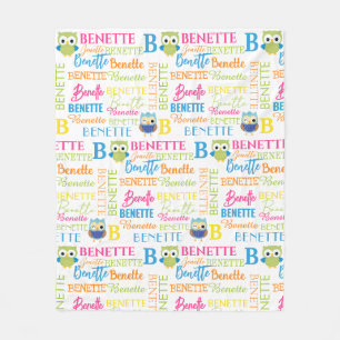 Green and Blue Owls with Name and Monogram Collage Fleece Blanket