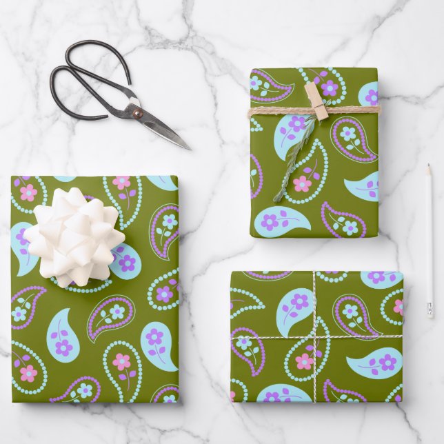 Green and Blue Paisley Floral Pattern Wrapping Paper Sheet (Front)