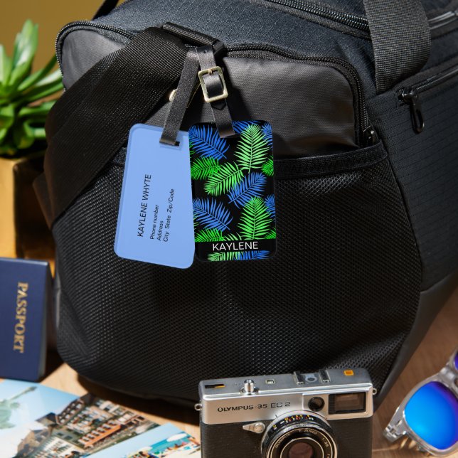 Green and Blue Palm Leaves Luggage Tag (Front & Back)