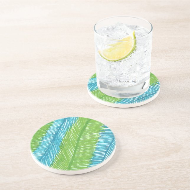 Green and Blue Palm Leaves Pattern Coaster (Side)