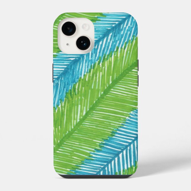 Green and Blue Palm Leaves Pattern iPhone Case (Back)