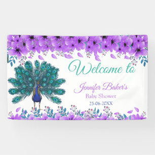 Green and Blue Peacock   Purple Watercolor Flowers Banner